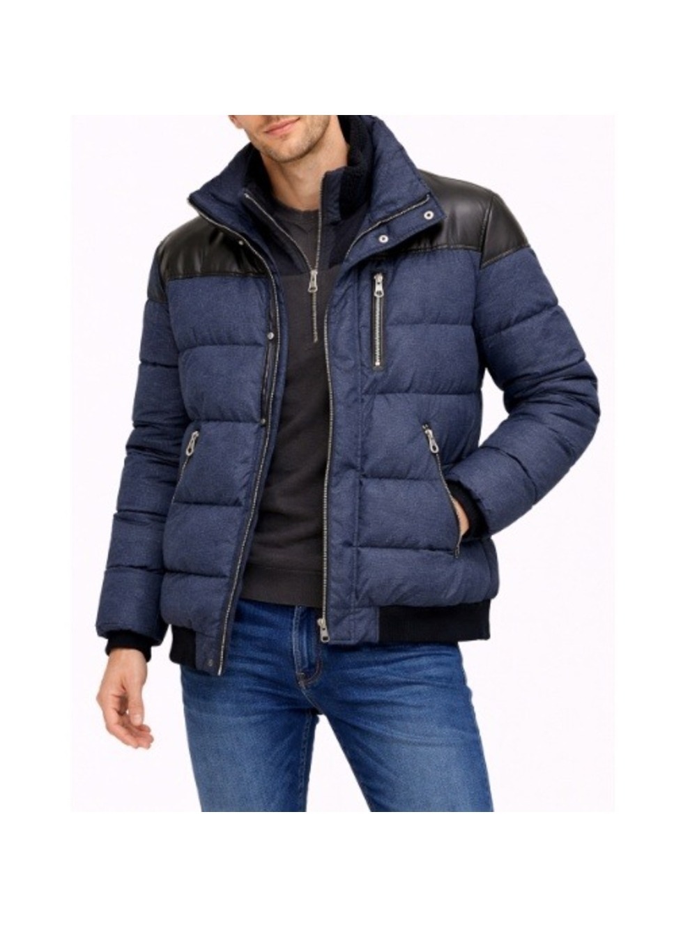 Noize Nick Men's Blue Detachable Hood Faux Fur Trim Puffer Bomber Jacket Size L